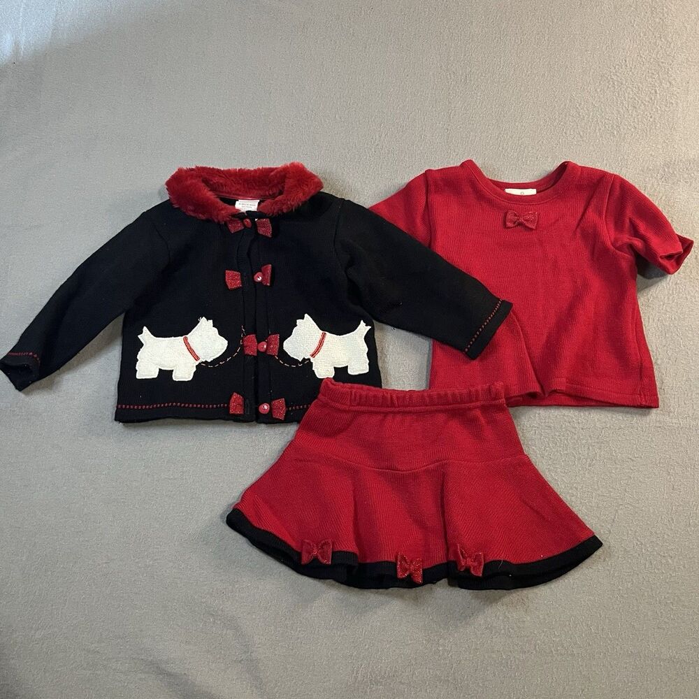 BT Kids 3 Pc Sweater Skirt Outfit Scotty Dog Hearts Black Red Knit Toddler 18M